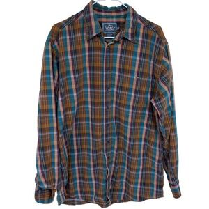 Brown & Teal Plaid Woolrich‎ Flannel Shirt Large Long Casual Button Down Outdoor